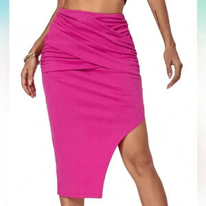 Ruched Wrap High Waist Split Side Asymmetrical Bodycon Pencil Midi Skirt NWOT XL